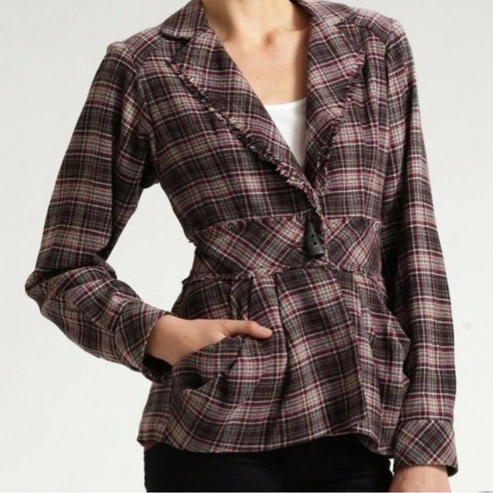 NANETTE LEPORE PLAID ESPIONAGE JACKET BLAZER Size 4 Black Purple White Check